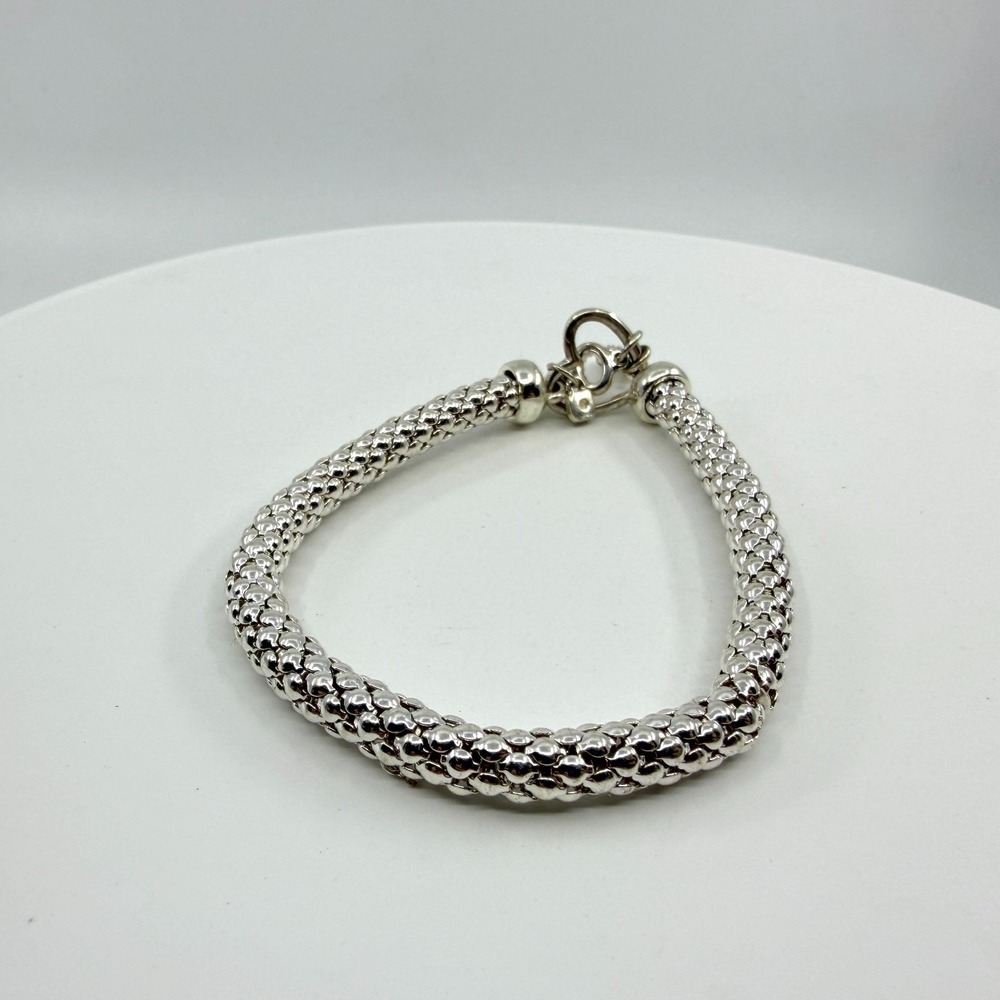 Silver Tone Mesh Popcorn Bracelet with Rhinestone Padlock Charm